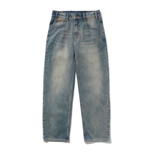 Straight Leg Denim Jeans - Distressed Mid Blue
