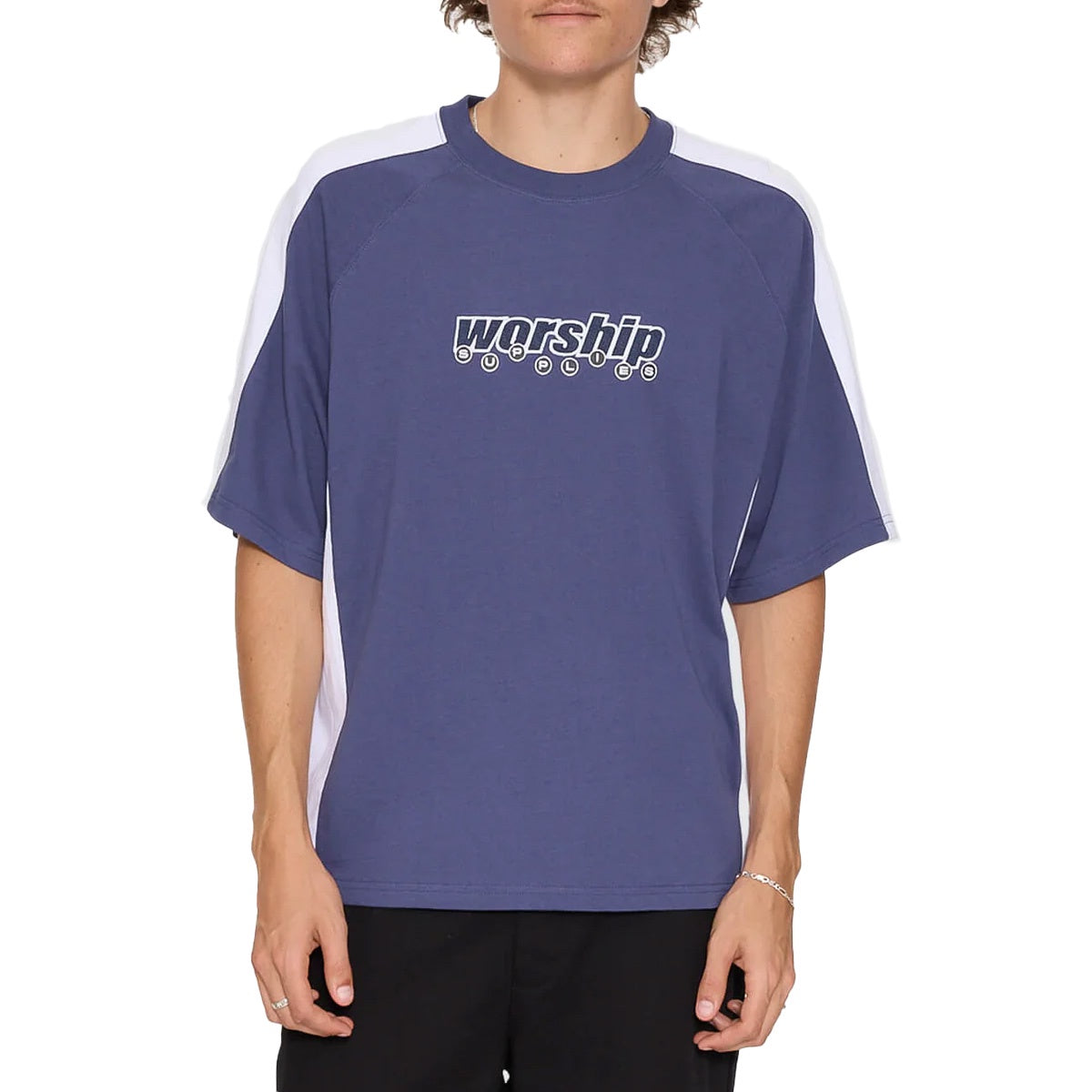 Line Stepper Box Crop Raglan Tee - Crown Blue