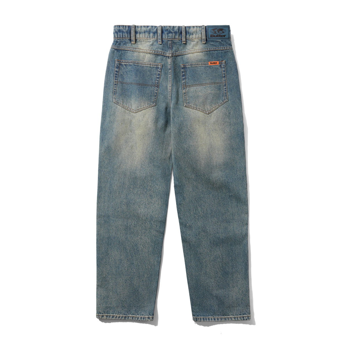 Straight Leg Denim Jeans - Distressed Mid Blue